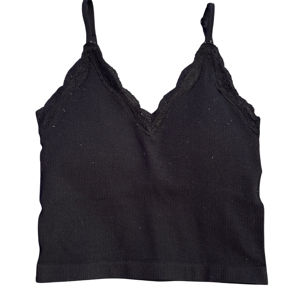 Streetwear Society Women's Black Ribbed Lace Trim Cropped Cami Top Size Small